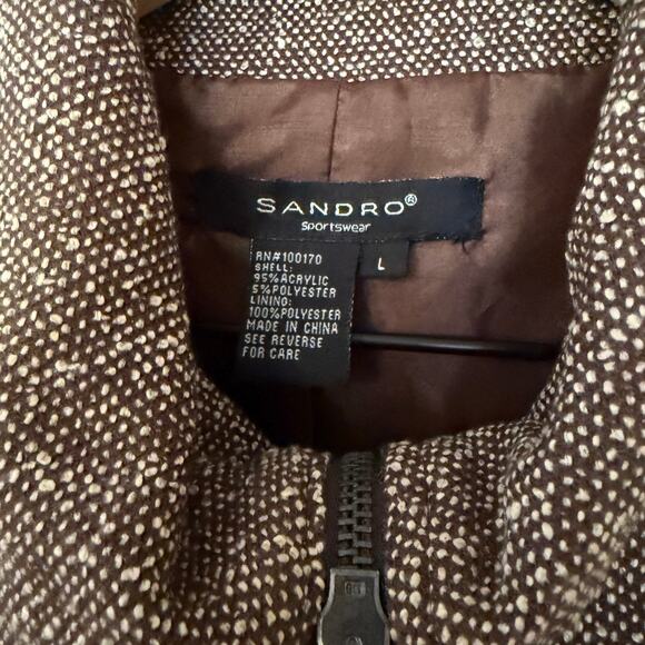 Sandro Sportswear Tweed Zip Up Blazer Jacket Brown Women’s L Fall Layering - Picture 4 of 8